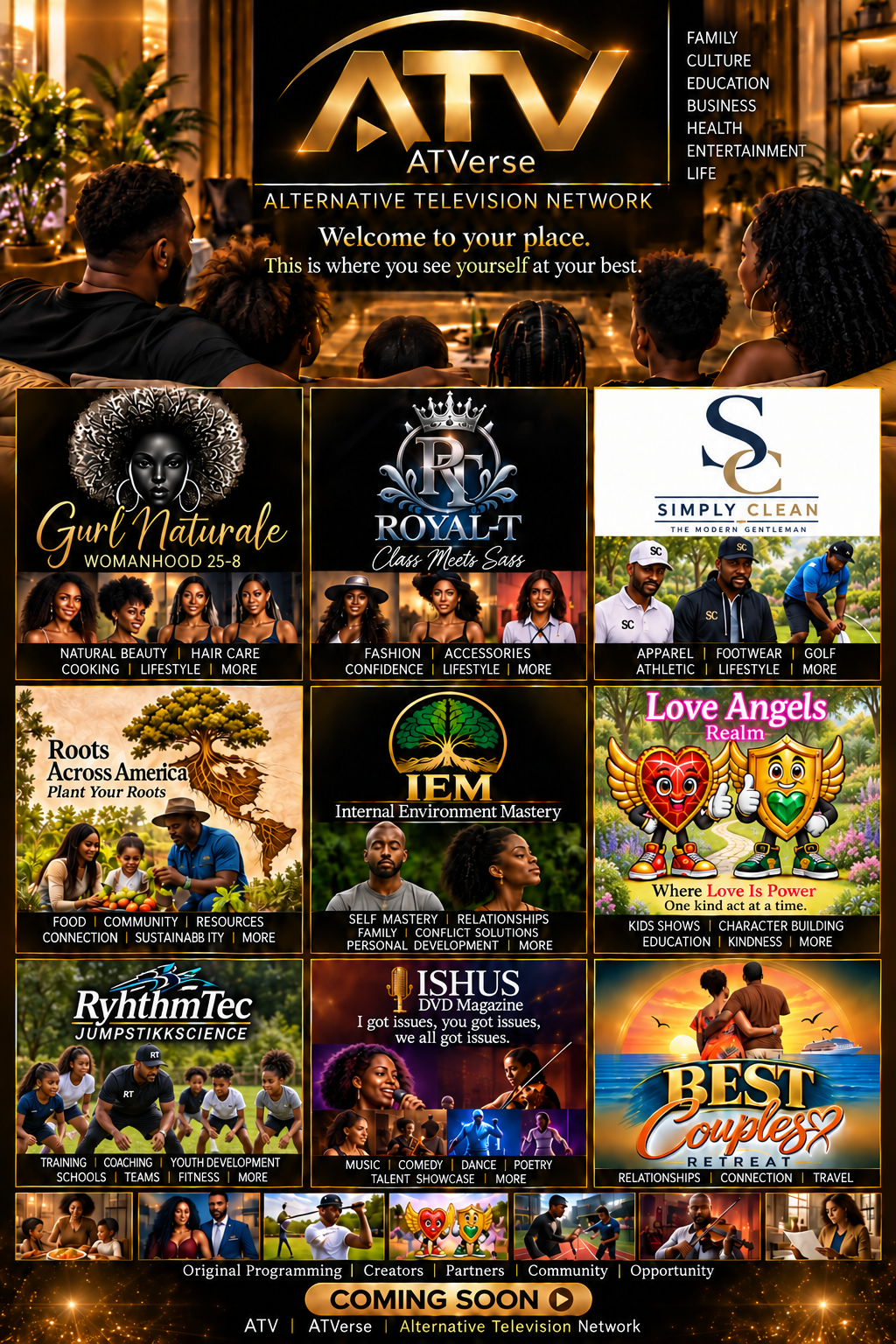 ATV programming lineup with a family watching television and nine brands, including Best Couples Retreat